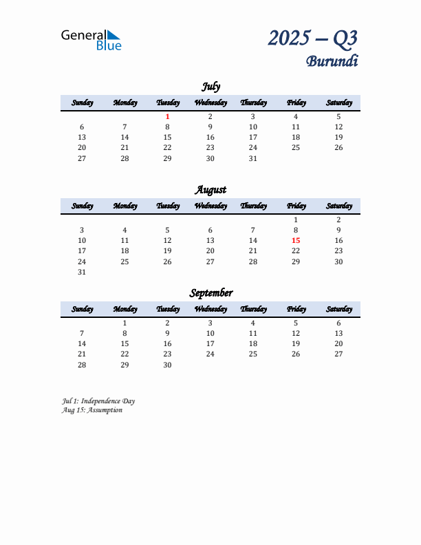 July, August, and September Calendar for Burundi with Sunday Start