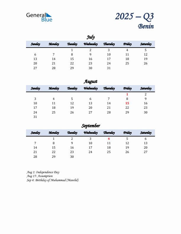 July, August, and September Calendar for Benin with Sunday Start