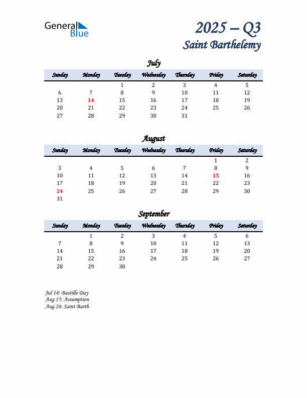 July, August, and September Calendar for Saint Barthelemy with Sunday Start