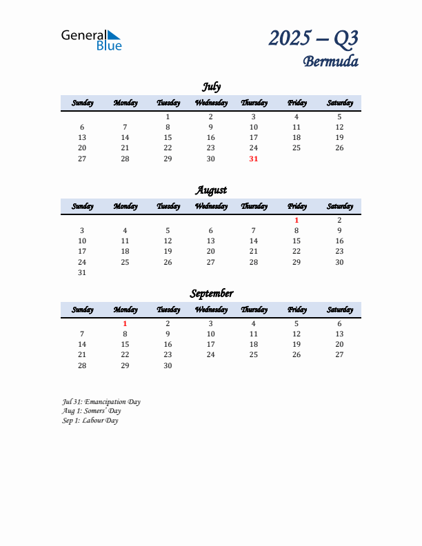 July, August, and September Calendar for Bermuda with Sunday Start