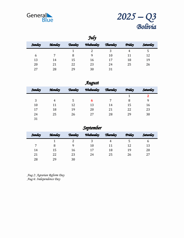 July, August, and September Calendar for Bolivia with Sunday Start