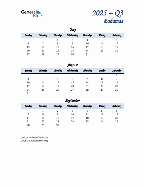 July, August, and September Calendar for Bahamas with Sunday Start