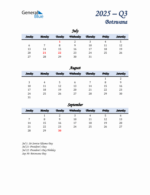 July, August, and September Calendar for Botswana with Sunday Start