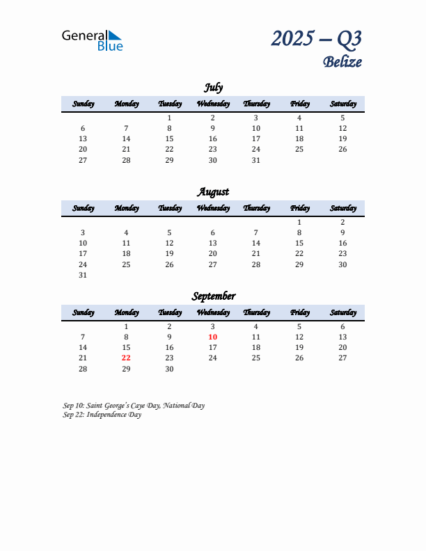 July, August, and September Calendar for Belize with Sunday Start