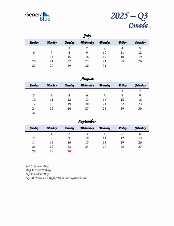 July, August, and September Calendar for Canada with Sunday Start