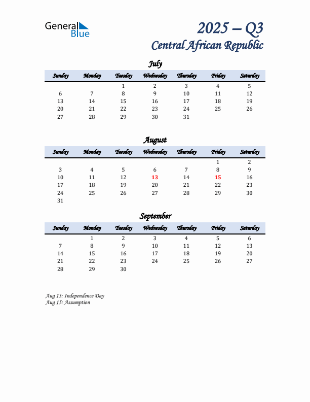 July, August, and September Calendar for Central African Republic with Sunday Start