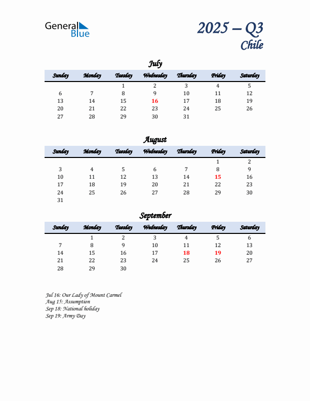 July, August, and September Calendar for Chile with Sunday Start