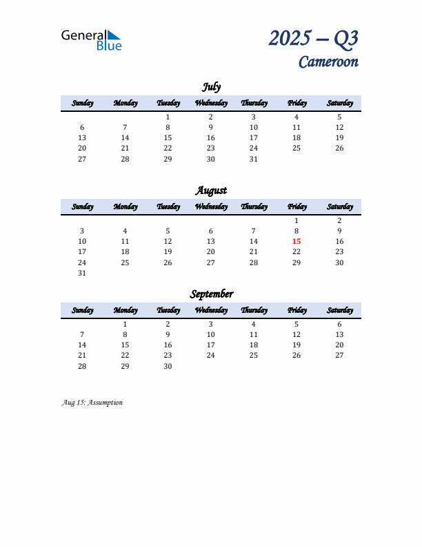 July, August, and September Calendar for Cameroon with Sunday Start