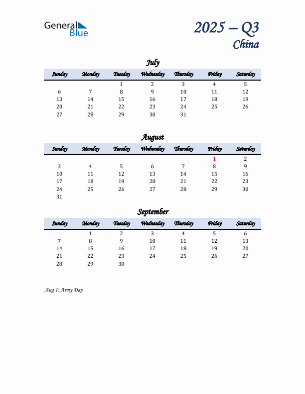 July, August, and September Calendar for China with Sunday Start