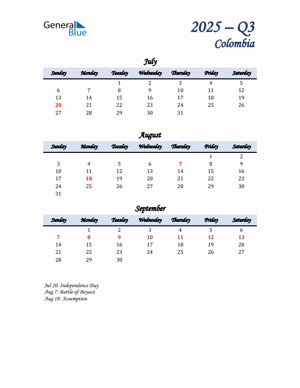 July, August, and September Calendar for Colombia with Sunday Start