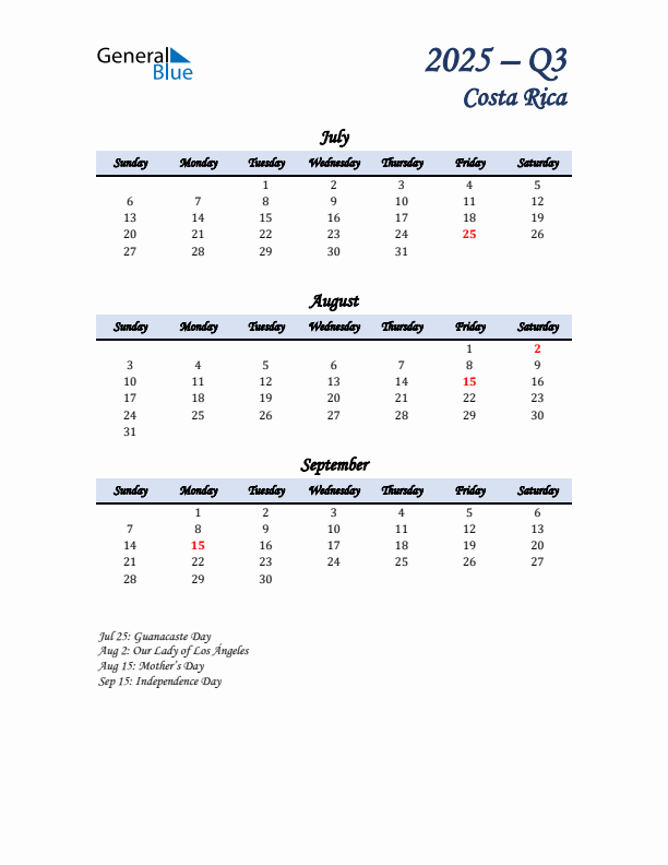 July, August, and September Calendar for Costa Rica with Sunday Start