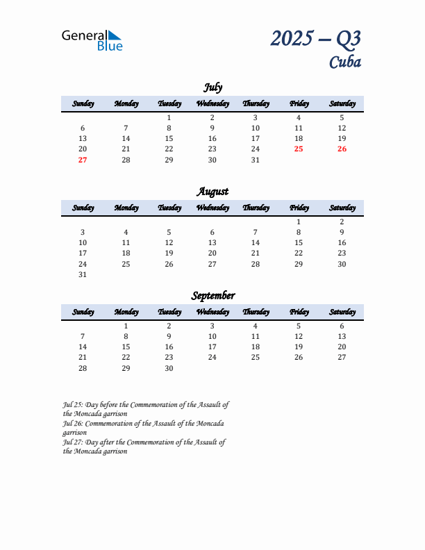 July, August, and September Calendar for Cuba with Sunday Start