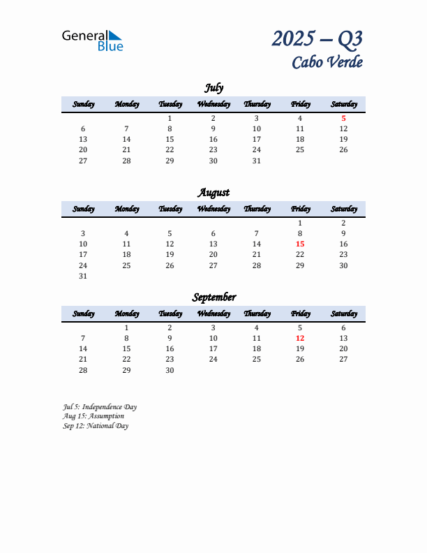 July, August, and September Calendar for Cabo Verde with Sunday Start