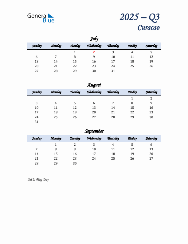 July, August, and September Calendar for Curacao with Sunday Start