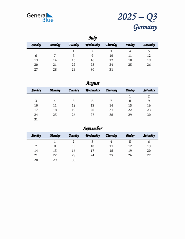 July, August, and September Calendar for Germany with Sunday Start