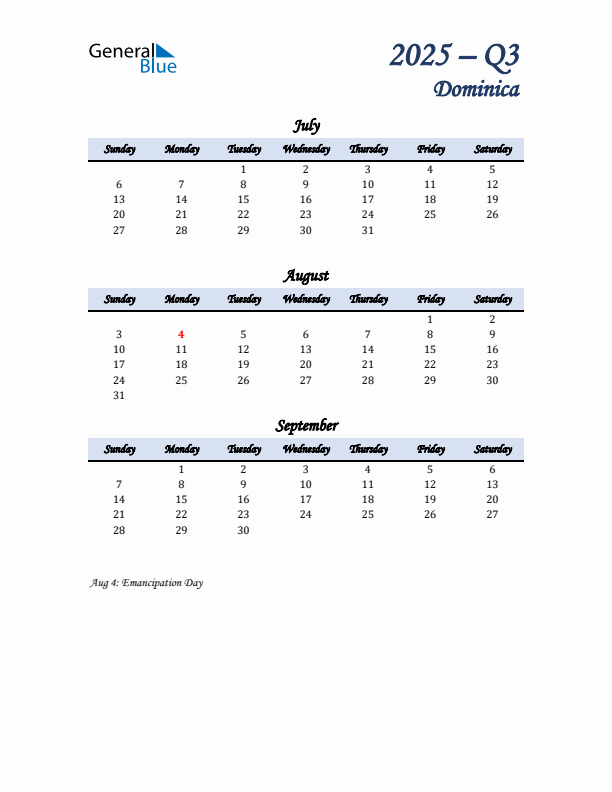 July, August, and September Calendar for Dominica with Sunday Start