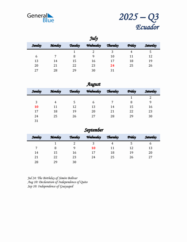 July, August, and September Calendar for Ecuador with Sunday Start