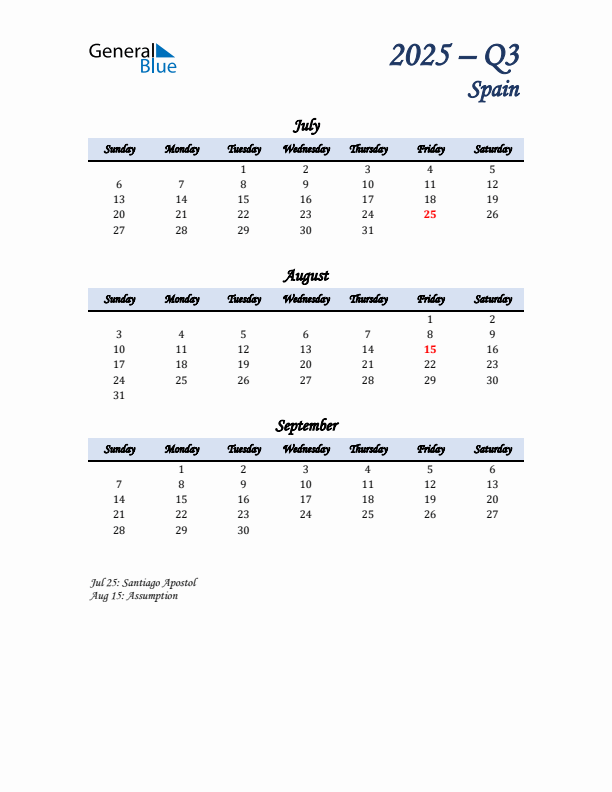 July, August, and September Calendar for Spain with Sunday Start