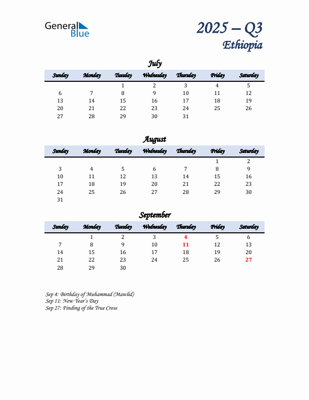 July, August, and September Calendar for Ethiopia with Sunday Start