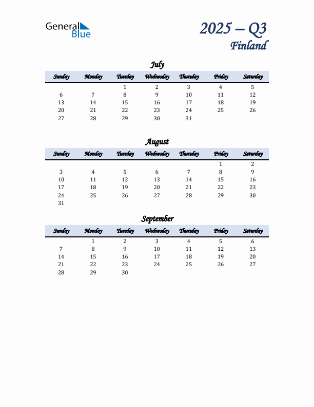 July, August, and September Calendar for Finland with Sunday Start