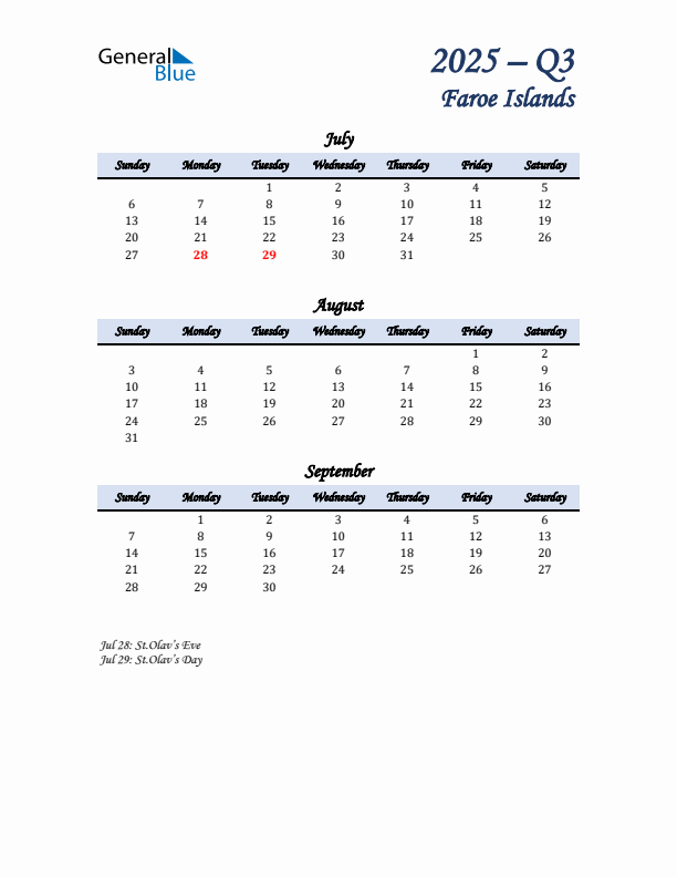 July, August, and September Calendar for Faroe Islands with Sunday Start