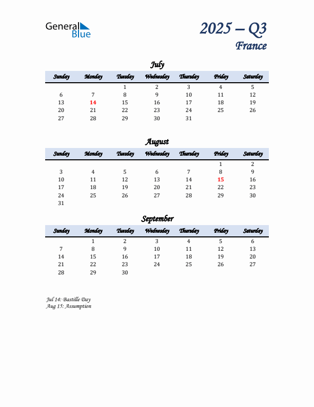 July, August, and September Calendar for France with Sunday Start