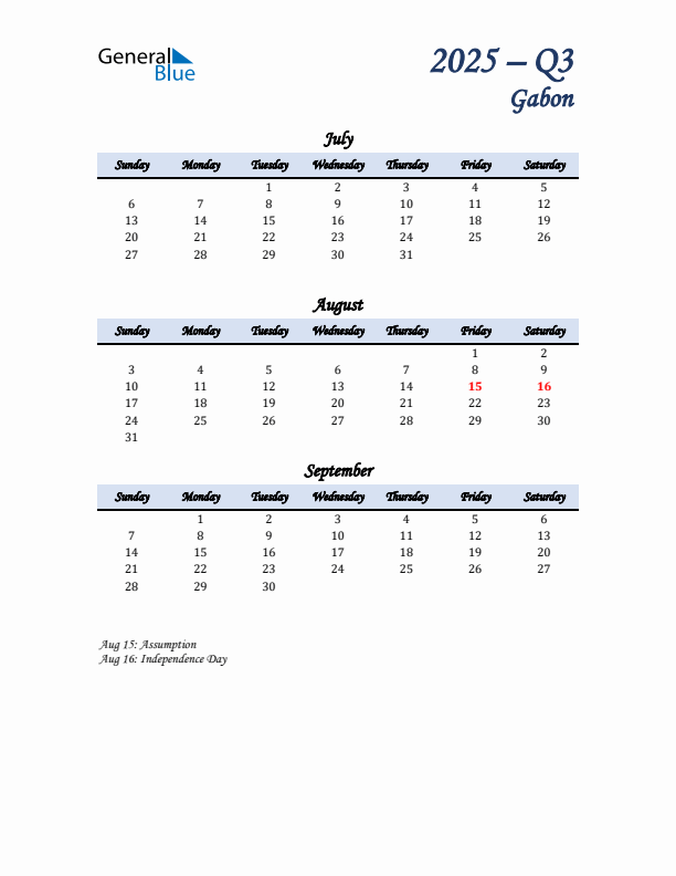 July, August, and September Calendar for Gabon with Sunday Start