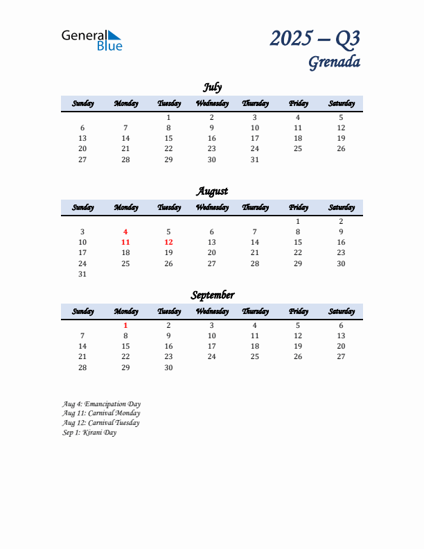 July, August, and September Calendar for Grenada with Sunday Start