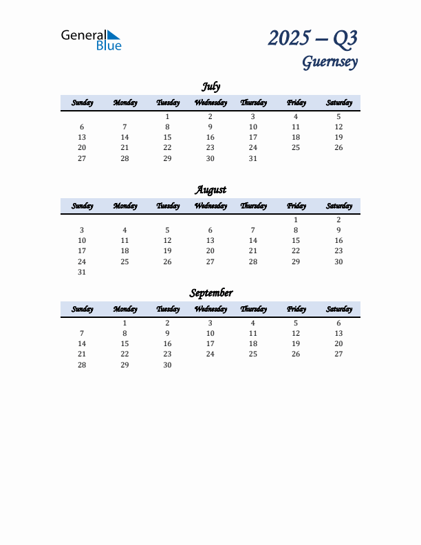 July, August, and September Calendar for Guernsey with Sunday Start