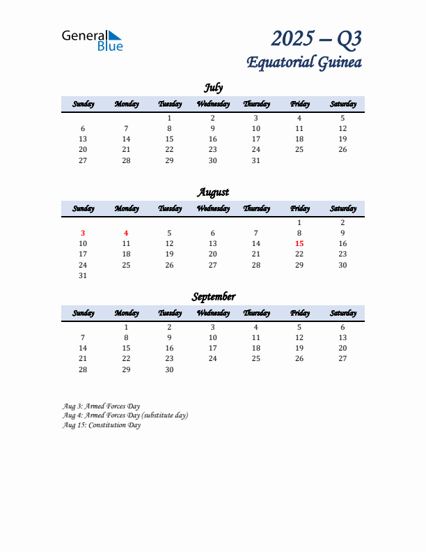 July, August, and September Calendar for Equatorial Guinea with Sunday Start