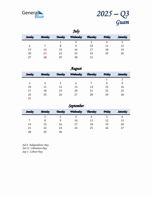 July, August, and September Calendar for Guam with Sunday Start