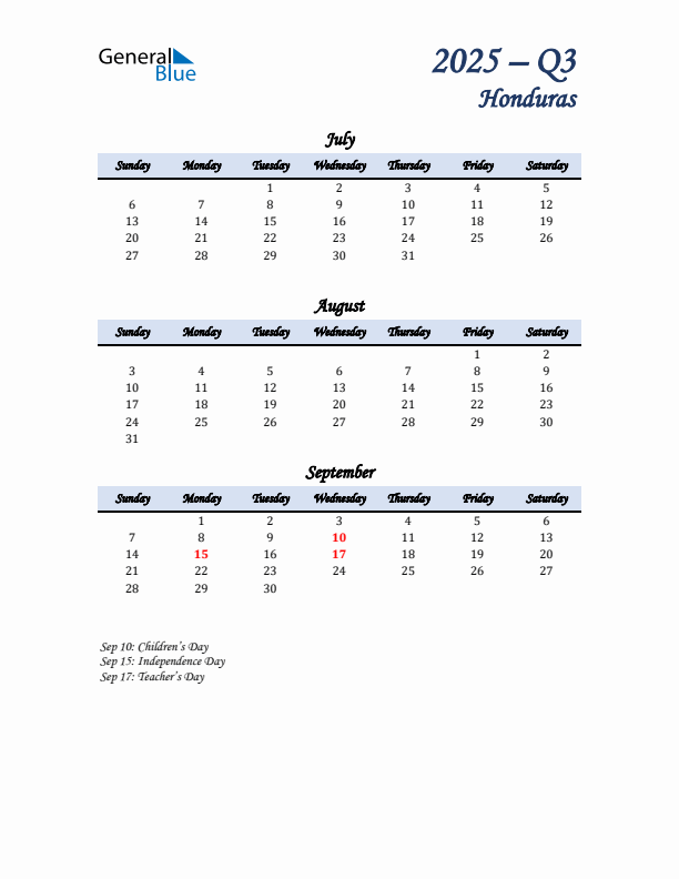 July, August, and September Calendar for Honduras with Sunday Start