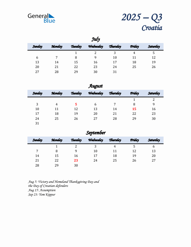 July, August, and September Calendar for Croatia with Sunday Start