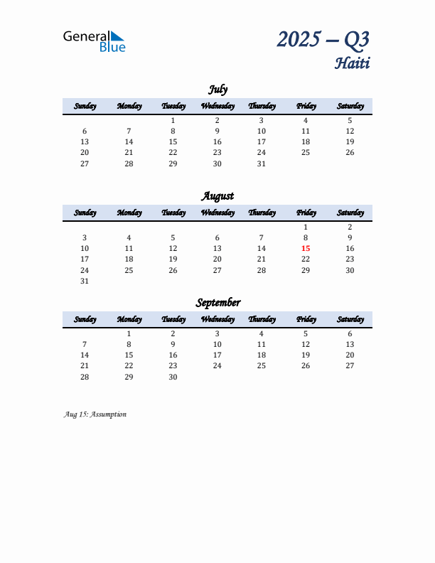 July, August, and September Calendar for Haiti with Sunday Start