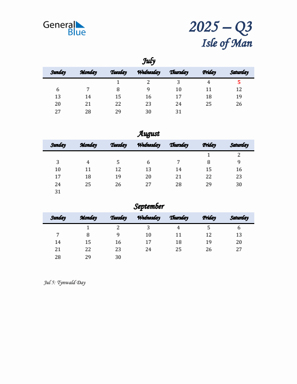 July, August, and September Calendar for Isle of Man with Sunday Start