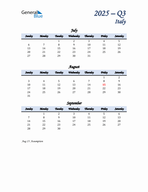 July, August, and September Calendar for Italy with Sunday Start