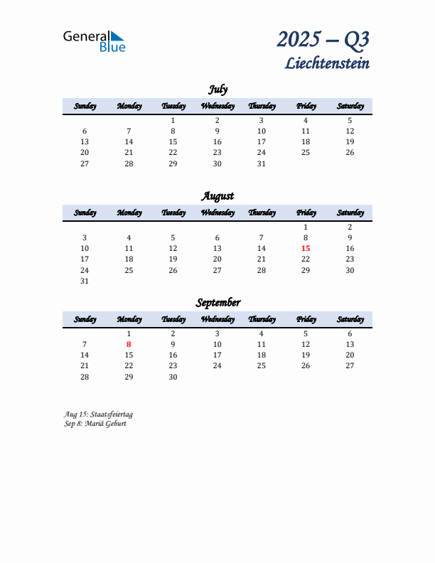 July, August, and September Calendar for Liechtenstein with Sunday Start