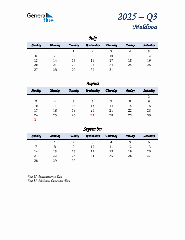 July, August, and September Calendar for Moldova with Sunday Start