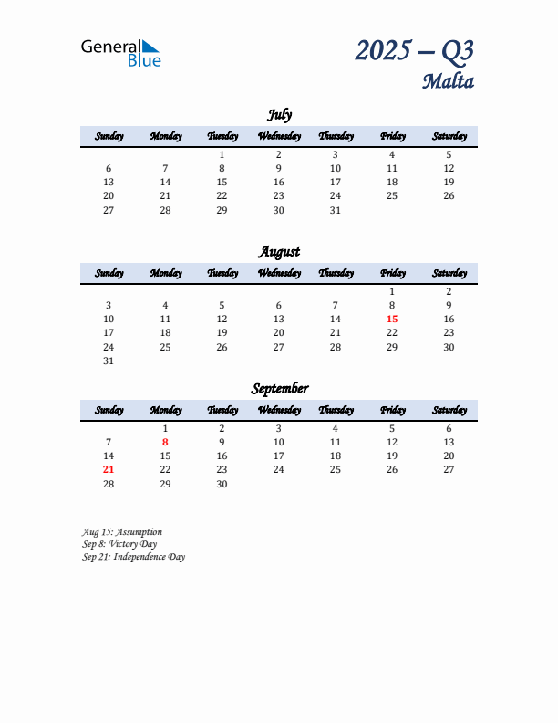 July, August, and September Calendar for Malta with Sunday Start