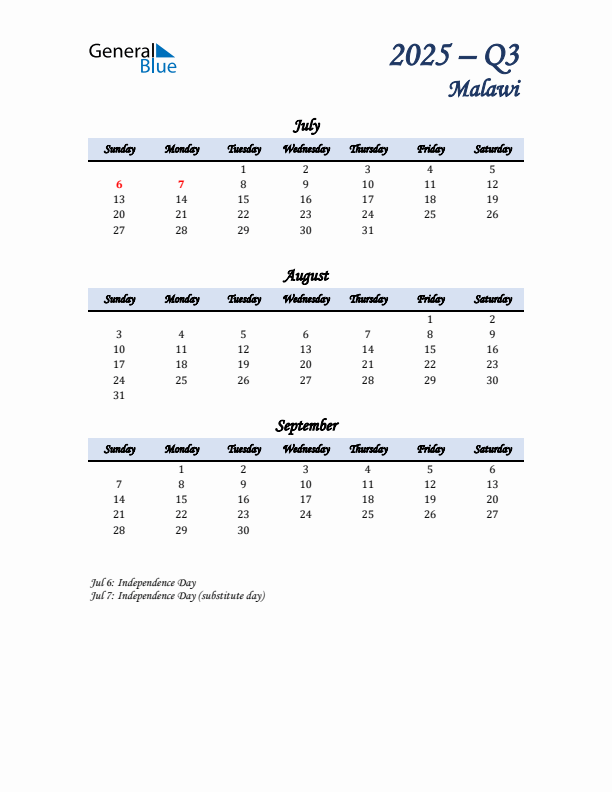 July, August, and September Calendar for Malawi with Sunday Start