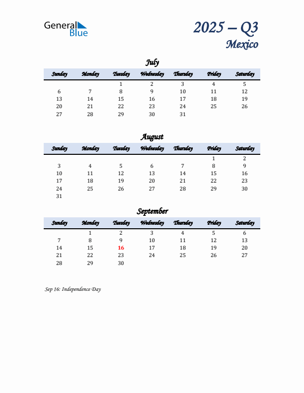 July, August, and September Calendar for Mexico with Sunday Start