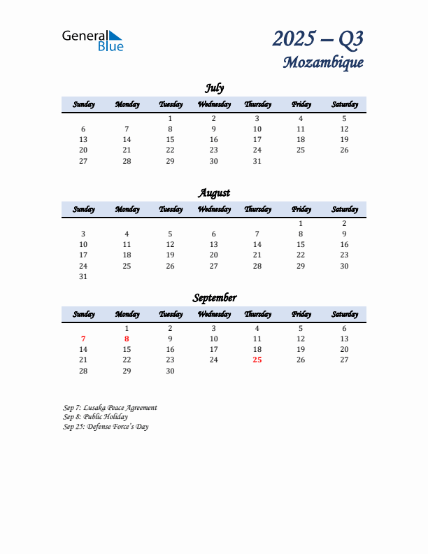 July, August, and September Calendar for Mozambique with Sunday Start