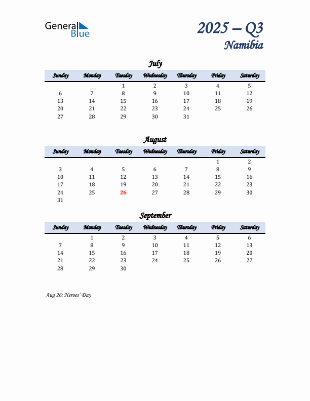 July, August, and September Calendar for Namibia with Sunday Start