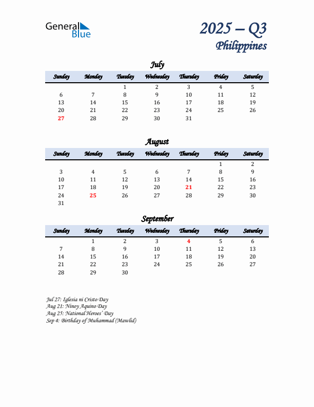 July, August, and September Calendar for Philippines with Sunday Start