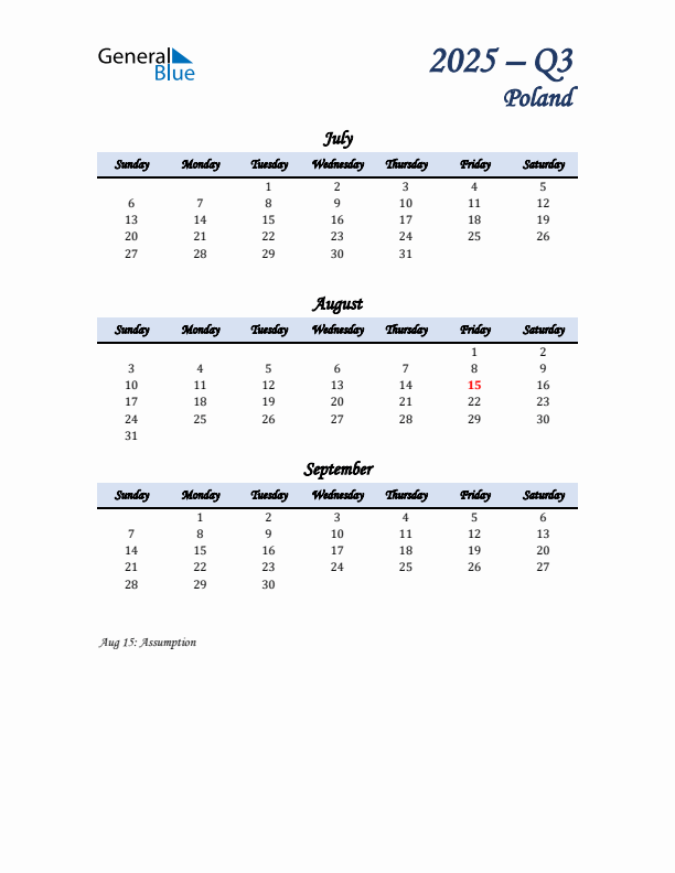 July, August, and September Calendar for Poland with Sunday Start