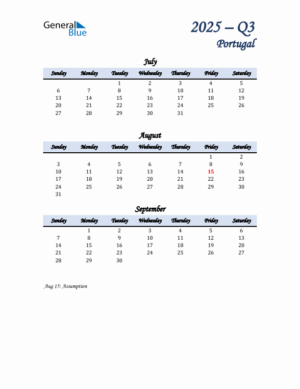 July, August, and September Calendar for Portugal with Sunday Start