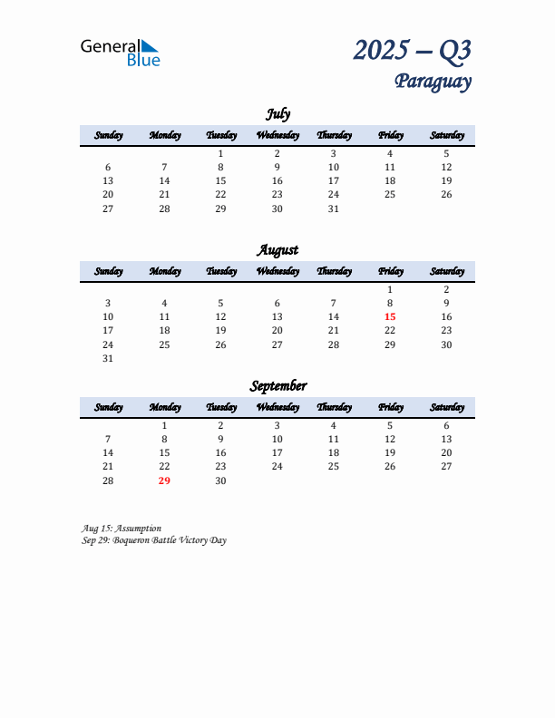 July, August, and September Calendar for Paraguay with Sunday Start