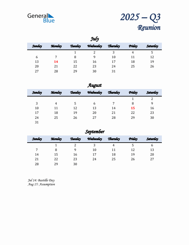 July, August, and September Calendar for Reunion with Sunday Start