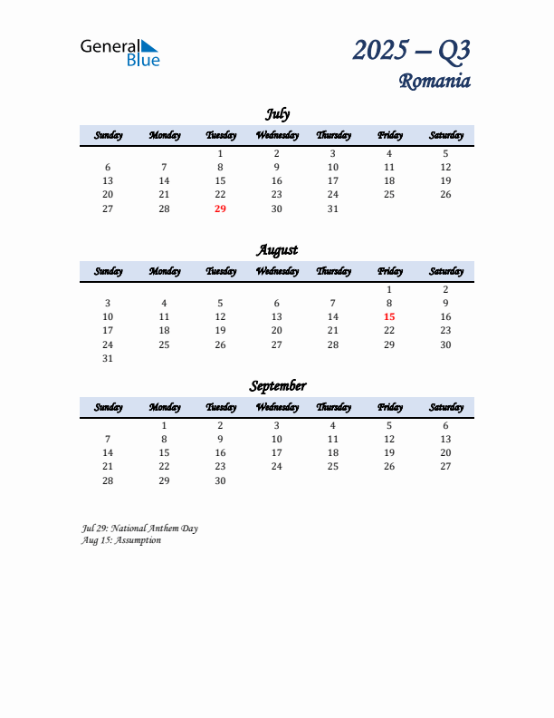 July, August, and September Calendar for Romania with Sunday Start