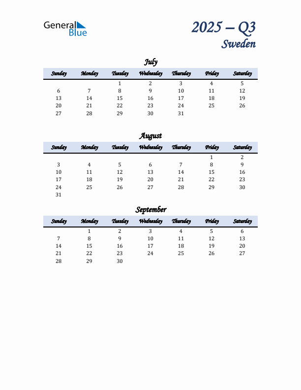 July, August, and September Calendar for Sweden with Sunday Start